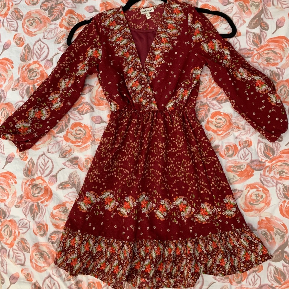 Maroon cold shoulder floral dress